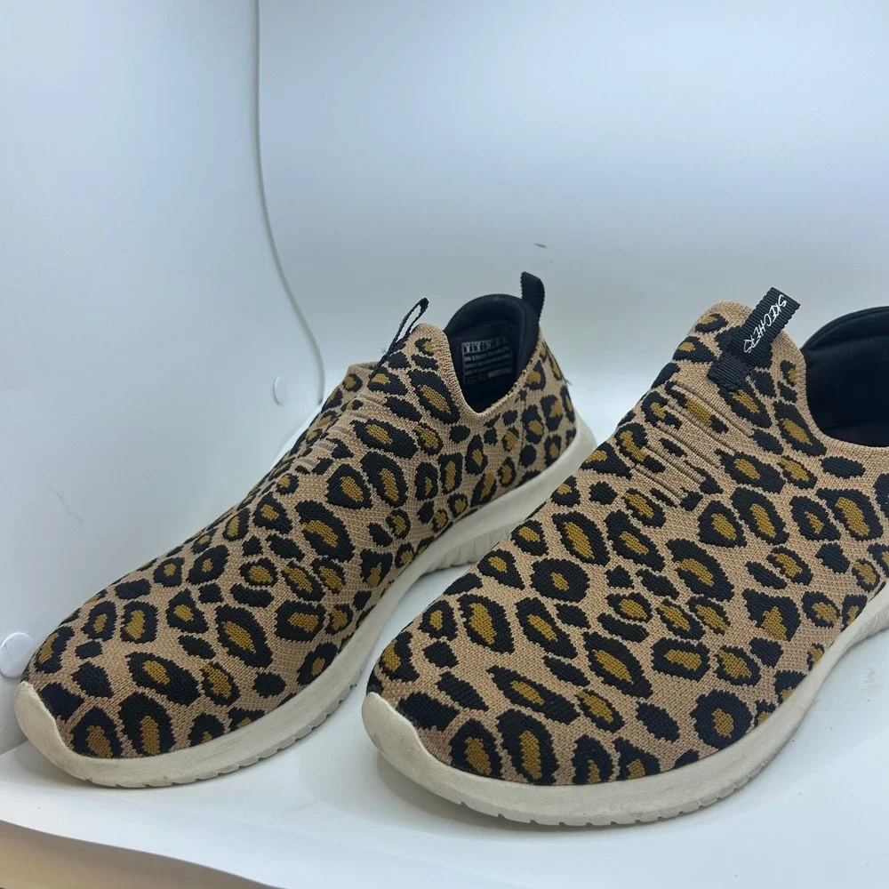 Skechers Ultra Flex Wildly Leopard Print Slip On Sneakers Tan Black 8